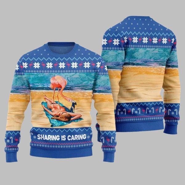 2025 Christmas Flamingo Sharing Is Caring Ugly Christmas Sweater 1