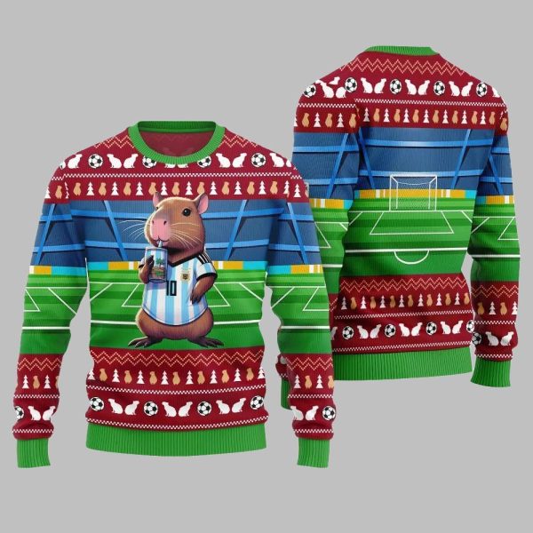 2025 Christmas Funny Capybara Football Ugly Christmas Sweater 3