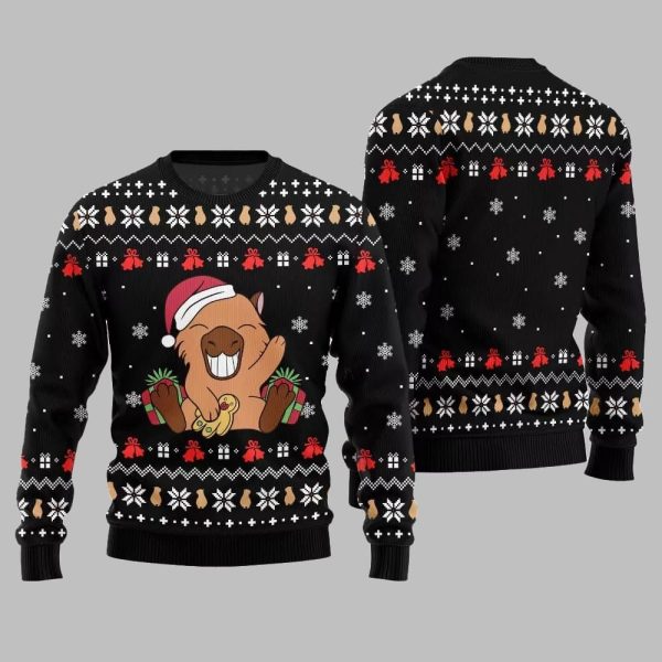 2025 Christmas Funny Capybara Santa Hat Ugly Christmas Sweater 1