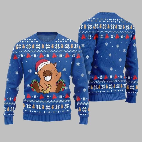 2025 Christmas Funny Capybara Santa Hat Ugly Christmas Sweater 2
