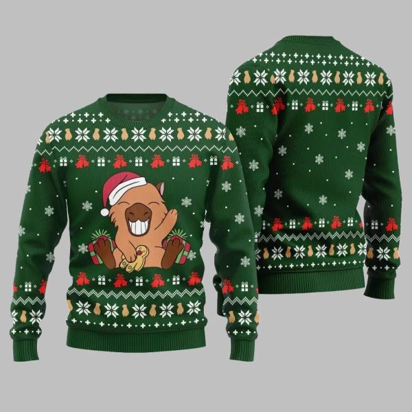 2025 Christmas Funny Capybara Santa Hat Ugly Christmas Sweater 3