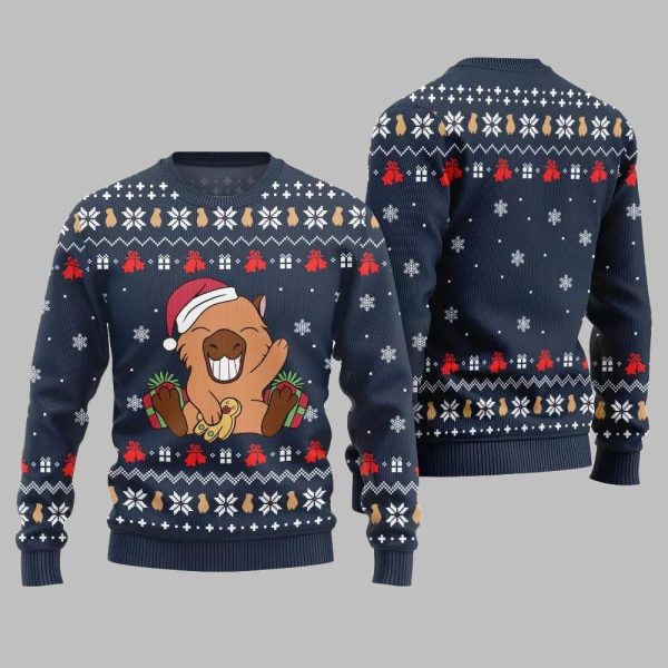2025 Christmas Funny Capybara Santa Hat Ugly Christmas Sweater 4