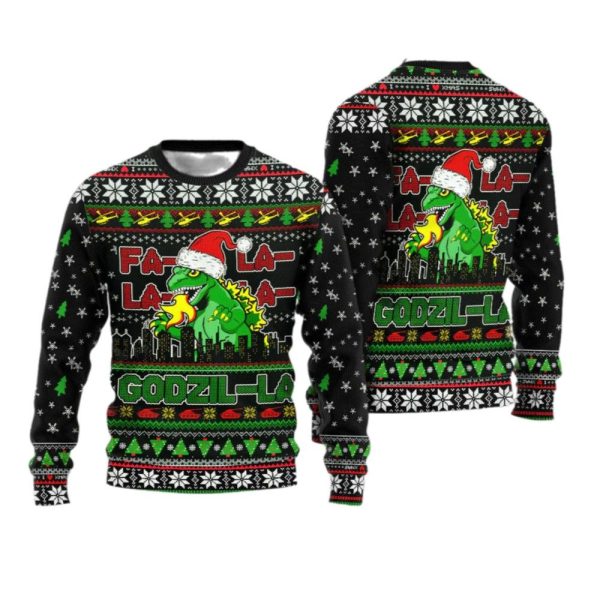 2025 Christmas Godzila Falalalala Ugly Christmas Sweater 1 2