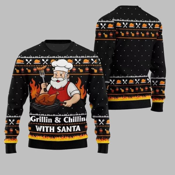 2025 Christmas Grillin Chillin With Santa Ugly Christmas Sweater 2