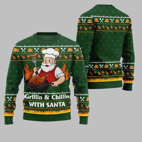 2025 Christmas Grillin Chillin With Santa Ugly Christmas Sweater 3