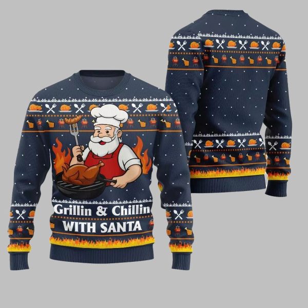 2025 Christmas Grillin Chillin With Santa Ugly Christmas Sweater 4