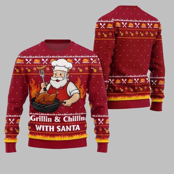 2025 Christmas Grillin Chillin With Santa Ugly Christmas Sweater 5