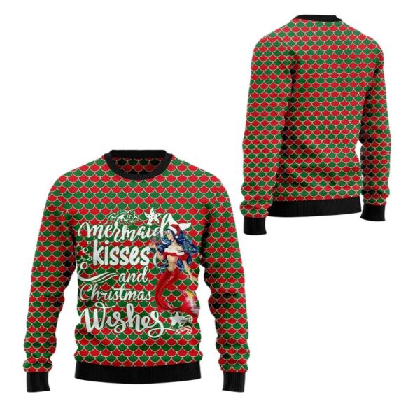 2025 Christmas Mermaid Kisses And Christmas Wishes Ugly Christmas Sweater 1 2
