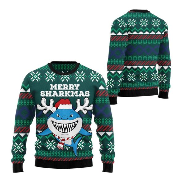 2025 Christmas Merry Sharkmas Ugly Christmas Sweater 1 2
