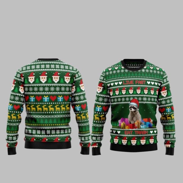 2025 Christmas Raccoon Live Fast Eat Trash Ugly Christmas Sweater 1 1