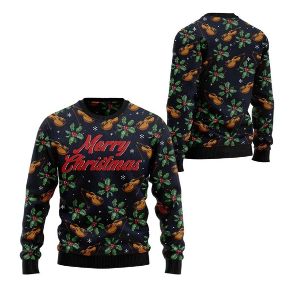 2025 Christmas Violin Merry Christmas Ugly Christmas Sweater 1 2