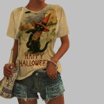 2025 Halloween Black Cat Print Casual T-Shirt