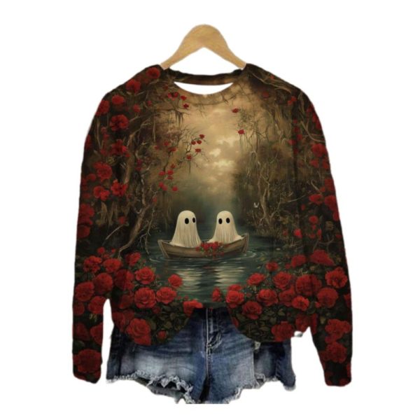 2025 Halloween Cute Ghost Print Crew Neck Sweatshirt 1 2