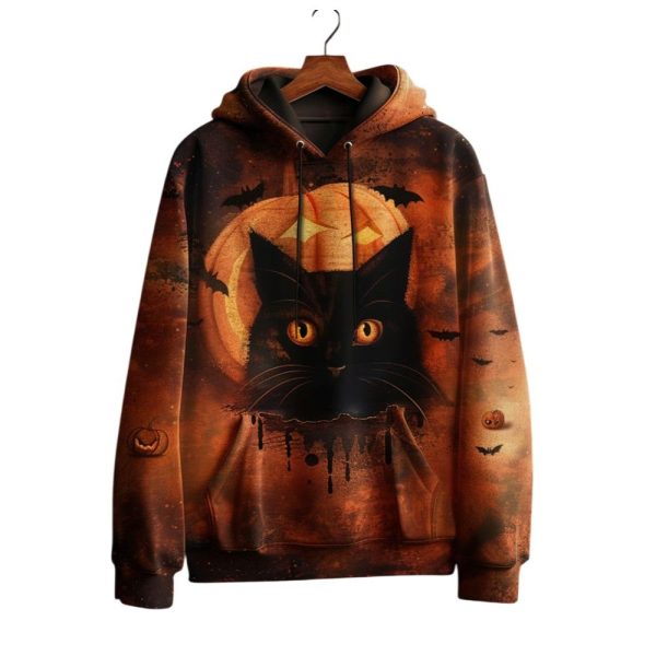 2025 Halloween Gothic Black Cat Printed Hoodie 1 2