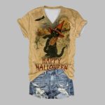 2025 Halloween Happy Halloween Black Cat Print T-Shirt