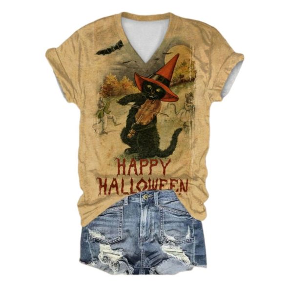 2025 Halloween Happy Halloween Black Cat Print T Shirt 1 2
