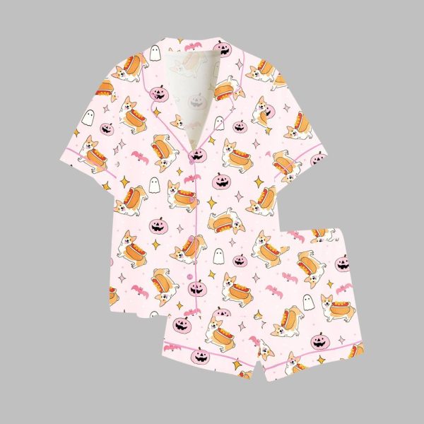 2025 Halloween Hotdog Corgi Pink Pajamas Set 1