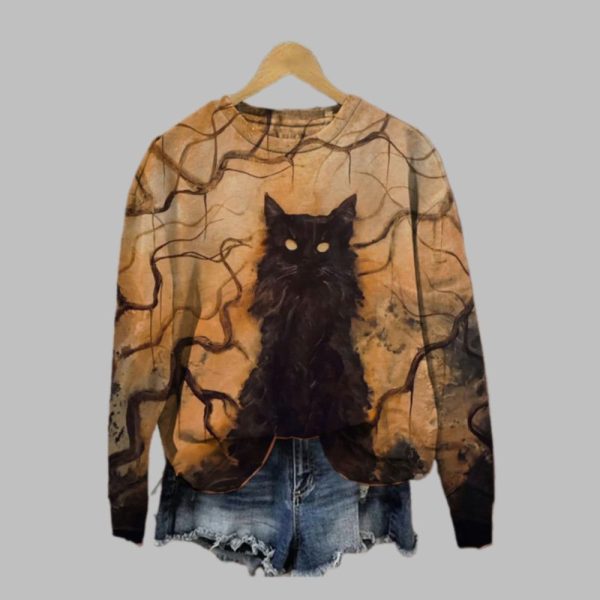 2025 Halloween Loose Art Cat Halloween Print Sweatshirt 1 1