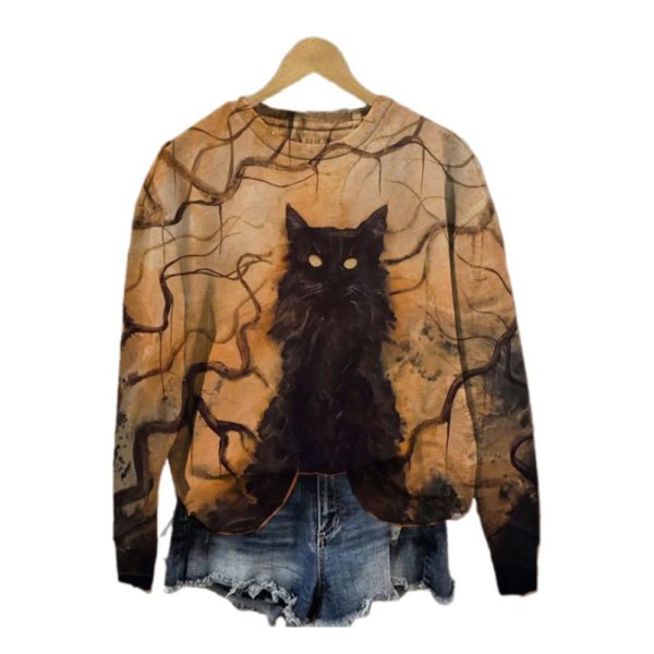 2025 Halloween Loose Art Cat Halloween Print Sweatshirt 1 2