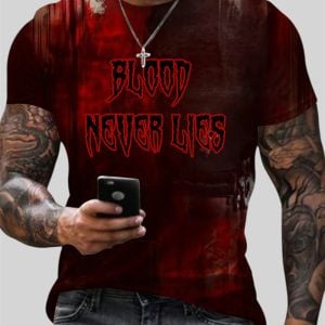 2025 Halloween Mens Bloodstained Blood Never Lies Neck T Shirt