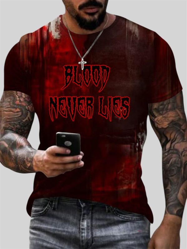 2025 Halloween Mens Bloodstained Blood Never Lies Neck T Shirt