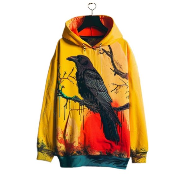 2025 Halloween Mens Halloween Distressed Crow Print Hoodie 1 2