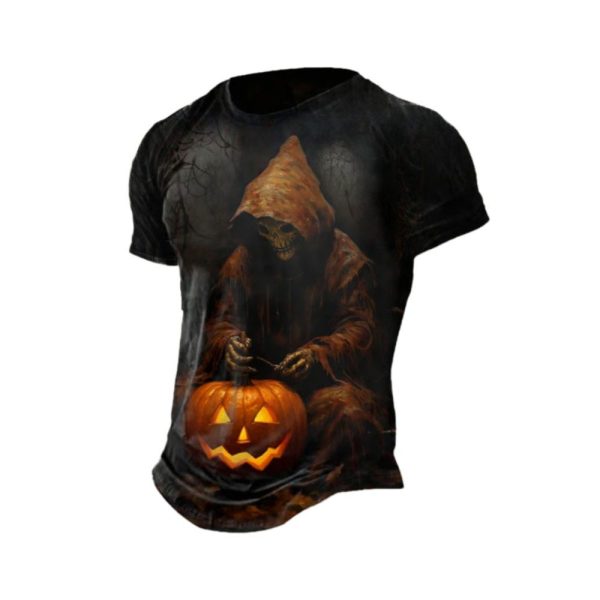 2025 Halloween Mens Halloween Skull Pumpkin Print Tee 1 2