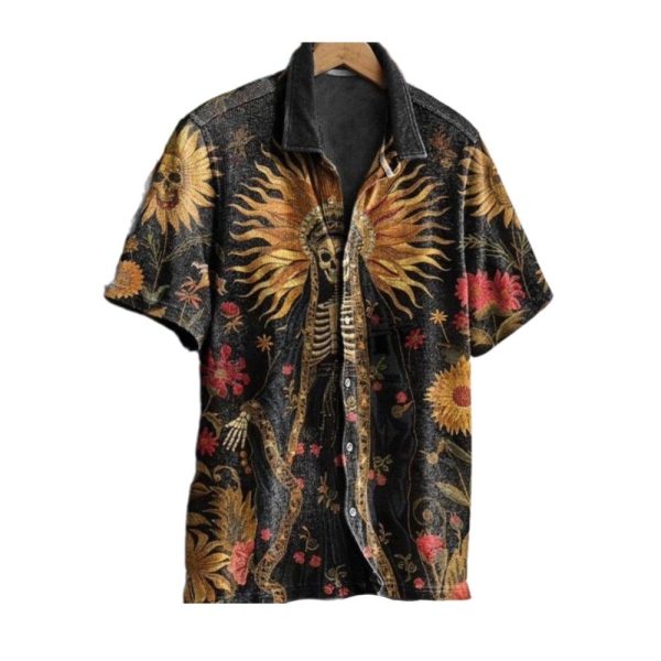 2025 Halloween Sunflower Skeleton Pattern Hawaiian Shirt 1 2