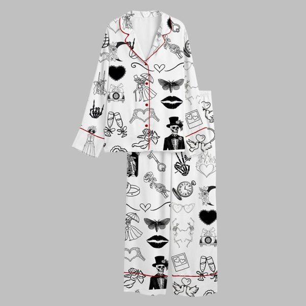 2025 Halloween Til Death Do We Party Tattoos Skeleton Wedding Tattoo Bridal Pajamas Set 2