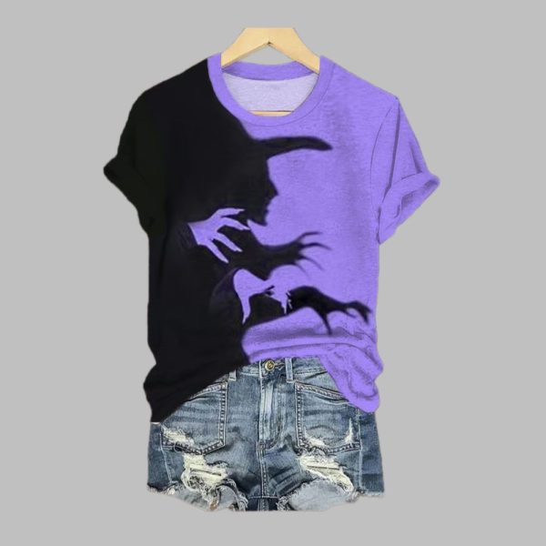 2025 Halloween Witch Shadow Print Casual Tee 2