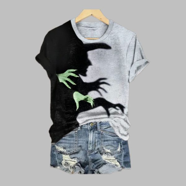 2025 Halloween Witch Shadow Print Casual Tee 3
