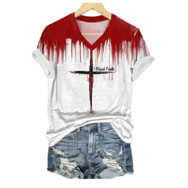 2025 Halloween Womens Bloodstain I Bleed Faith V Neck Short Sleeve T Shirt 1 2