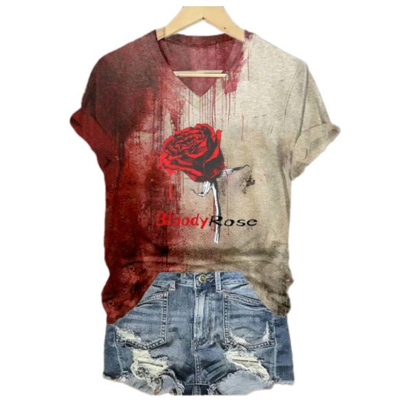 2025 Halloween Womens Bloody Rose Print T Shirt 1 2