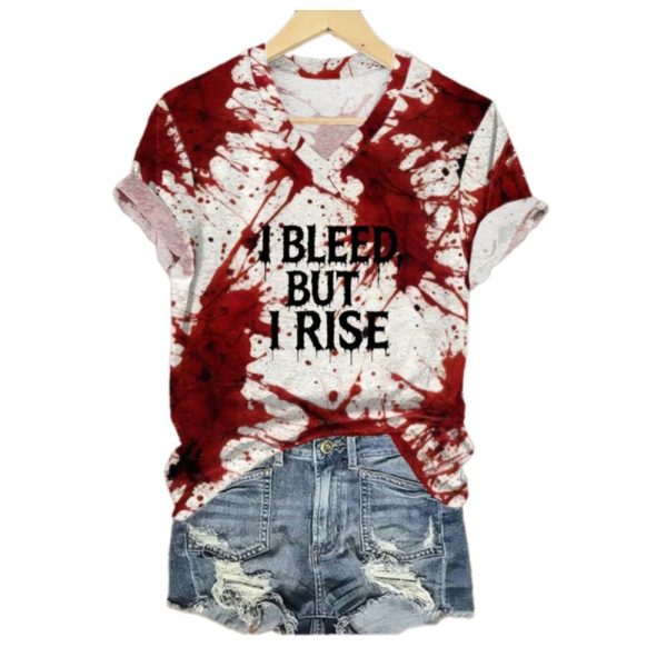 2025 Halloween Womens Casual Bloodstain Print V Neck Short Sleeve T Shirt 1 2