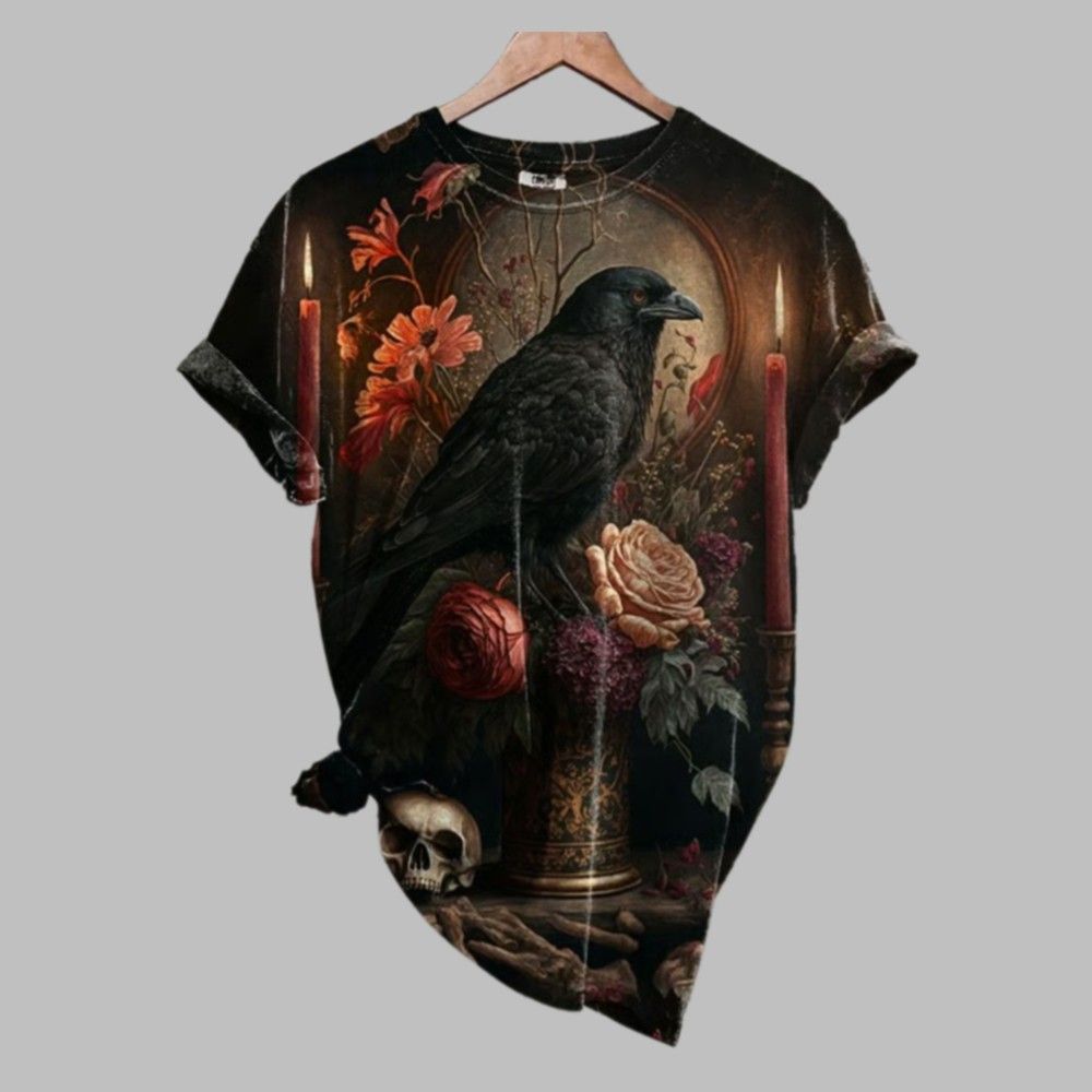 2025 Halloween Women's Dark Crow Print T-shirt 2025 Halloween Women's Dark Crow Print T-shirt