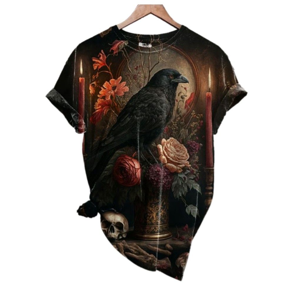 2025 Halloween Women's Dark Crow Print T-shirt 2 2025 Halloween Womens Dark Crow Print T shirt 1 2