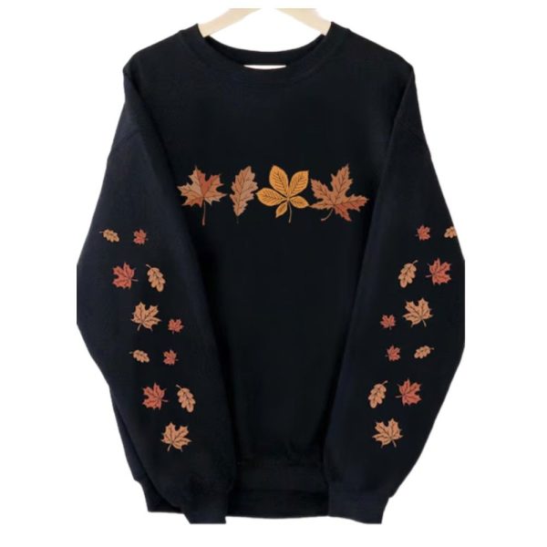2025 Halloween Womens Fall Leaves Sleeve Print Sweatshirt 1 2