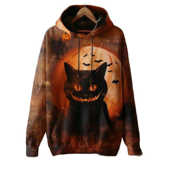 2025 Halloween Womens Gothic Black Cat Halloween Printed Hoodie 1 2