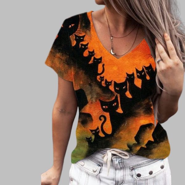 2025 Halloween Women's Halloween Black Cat Print Shirt