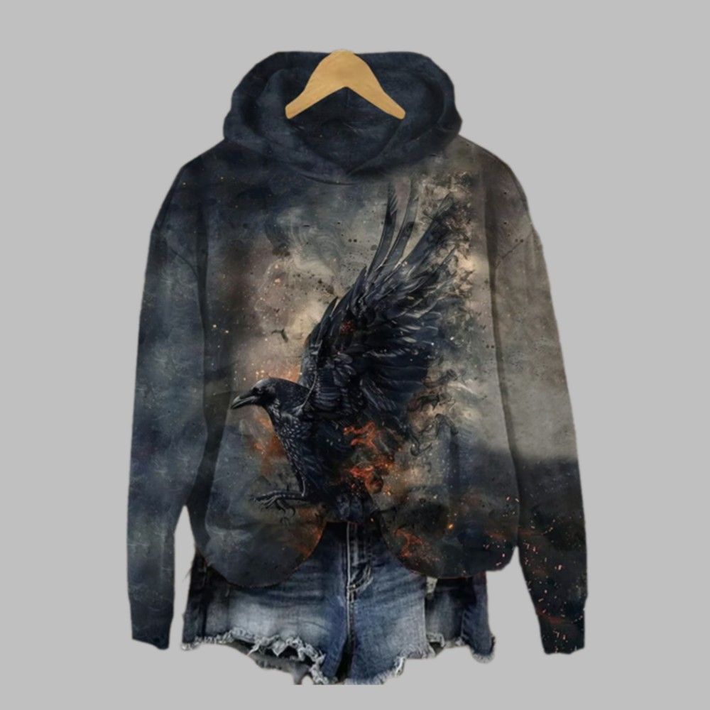 2025 Halloween Women's Halloween Crow Print Casual Hoodie 2025 Halloween Women's Halloween Crow Print Casual Hoodie