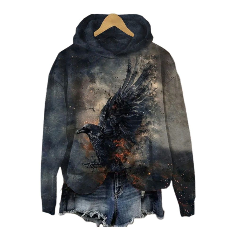 2025 Halloween Women's Halloween Crow Print Casual Hoodie 2 2025 Halloween Womens Halloween Crow Print Casual Hoodie 1 2