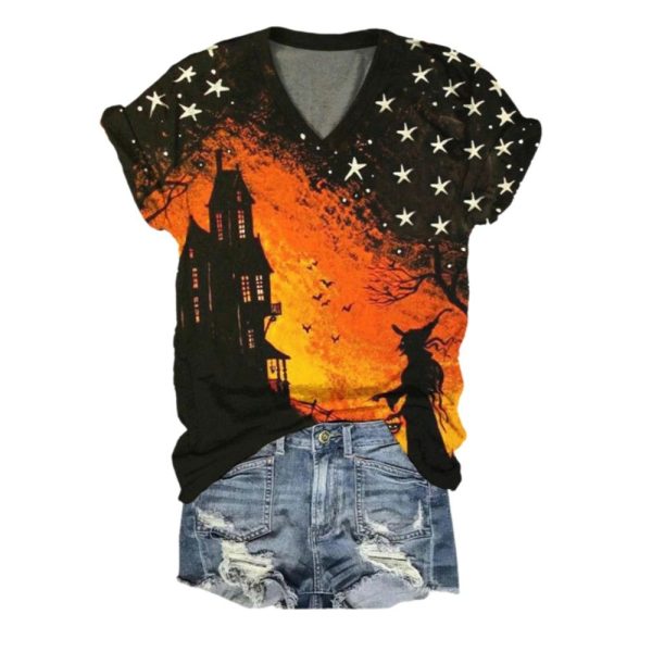 2025 Halloween Womens Halloween Witch Print T Shirt 1 2
