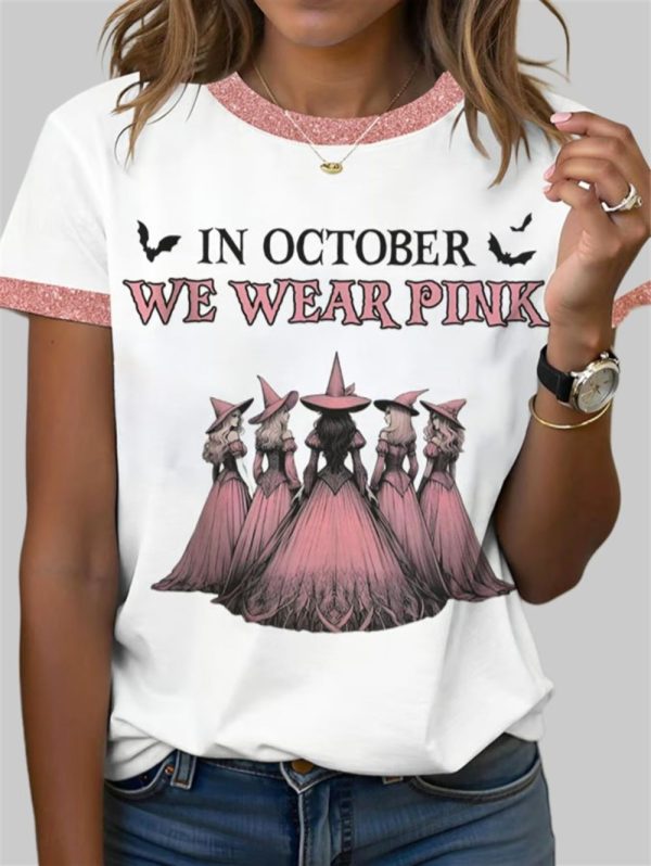 2025 Halloween Women's In October We Wear Pink Print T-Shirt
