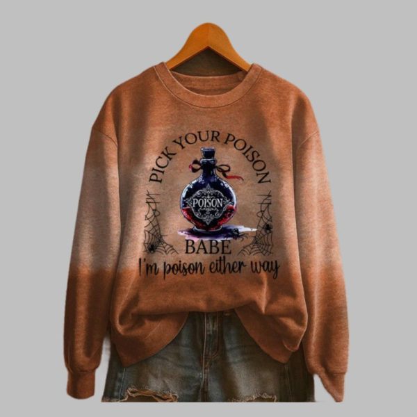 2025 Halloween Women's Pick Your Poison I'm Poison Either Way Print Round Neck Sweatshirt