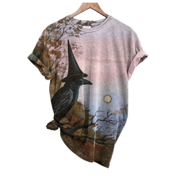 2025 Halloween Womens Retro Dark Crow Print T shirt 1 2