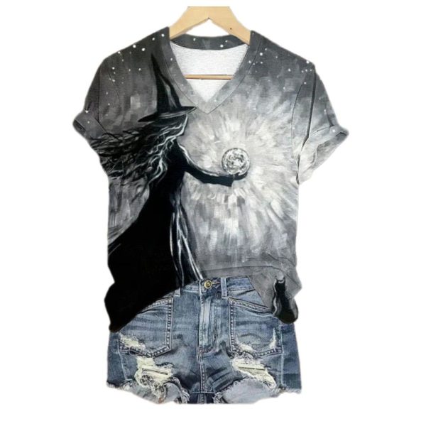 2025 Halloween Womens Retro Dark Halloween Crow Print T shirt 1 2