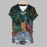 2025 Halloween Womens Witch And Flowers Under The Full Moon Art Print T-Shirt