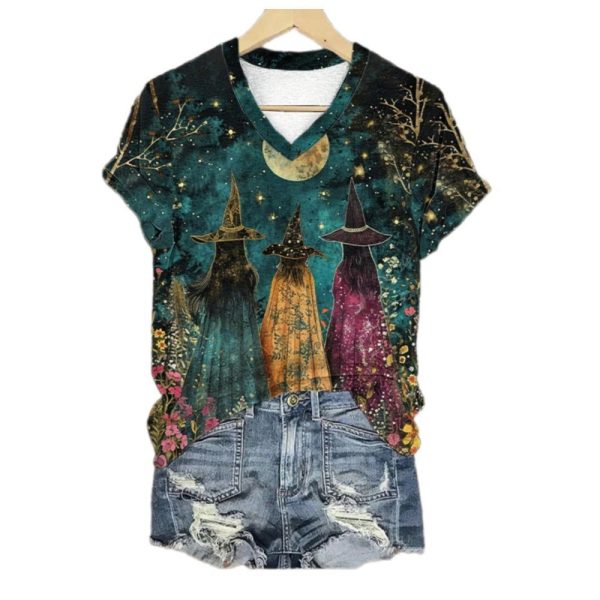 2025 Halloween Womens Witch And Flowers Under The Full Moon Art Print T Shirt 1 2
