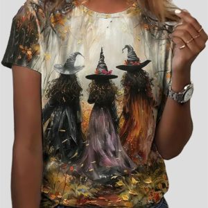 2025 Halloween Womens Witch Print T Shirt
