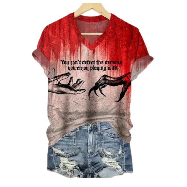 2025 Halloween Womens You Cant Defeat The Demons You Enjoy Playing With Printed T shirt 1 2